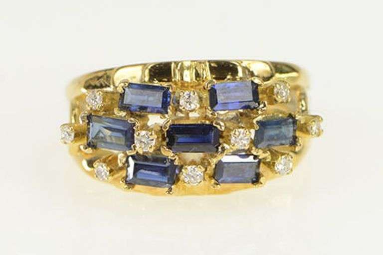 14K Yellow Gold Baguette Sapphire Diamond Lattice Band Ring