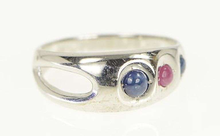 14K White Gold Natural Sapphire Ruby Modernist Statement Ring
