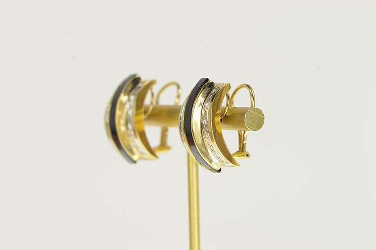 14K Yellow Gold Black Onyx Inlay Diamond Ornate Statement Earrings