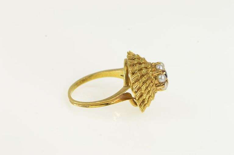 18K Yellow Gold 1960's Seed Pearl Sapphire Swirl Cocktail Ring