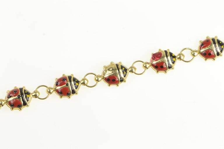 14K Yellow Gold Puffy Enamel Lady Bug Good Luck Bracelet