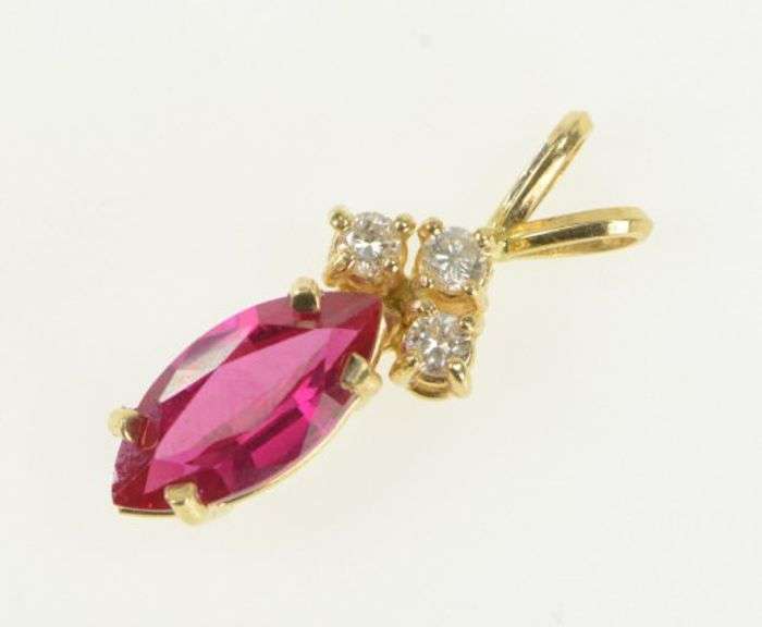 14K Yellow Gold Marquise Ruby Sapphire CZ Cluster Vintage Pendant