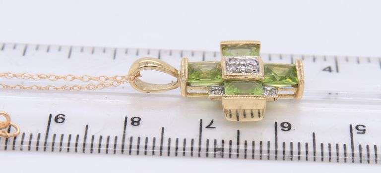 Gorgeous Yellow Gold Peridot and Diamond Cross Pendant on Chain