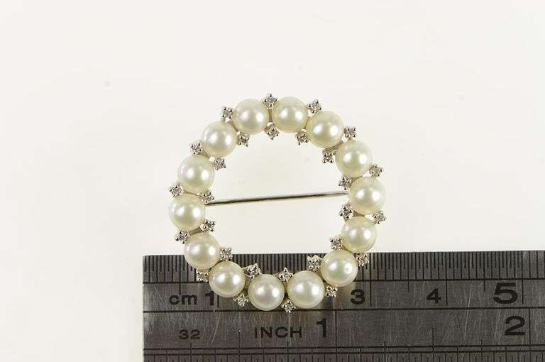 14K White Gold Pearl Diamond Vintage Circle Round Pin/Brooch