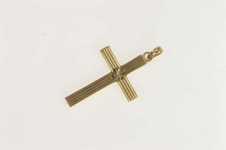 10K Yellow Gold Art Deco Pinstriped Cross Christian Faith Pendant