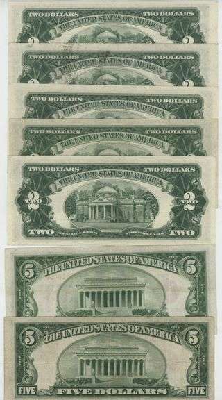 5 1953 $2 Red Seals in AU & 2 1928 $5 Red Seals in nice circ (7 total)