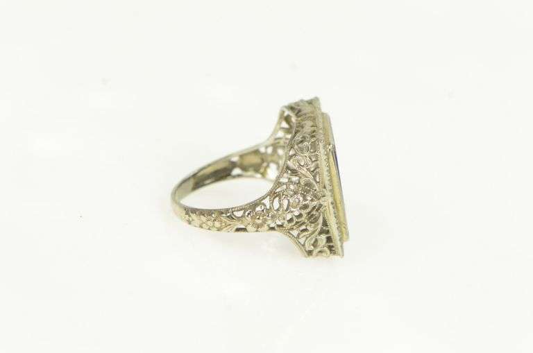 18K White Gold Art Deco Lapis Lazuli Filigree Squared Ring