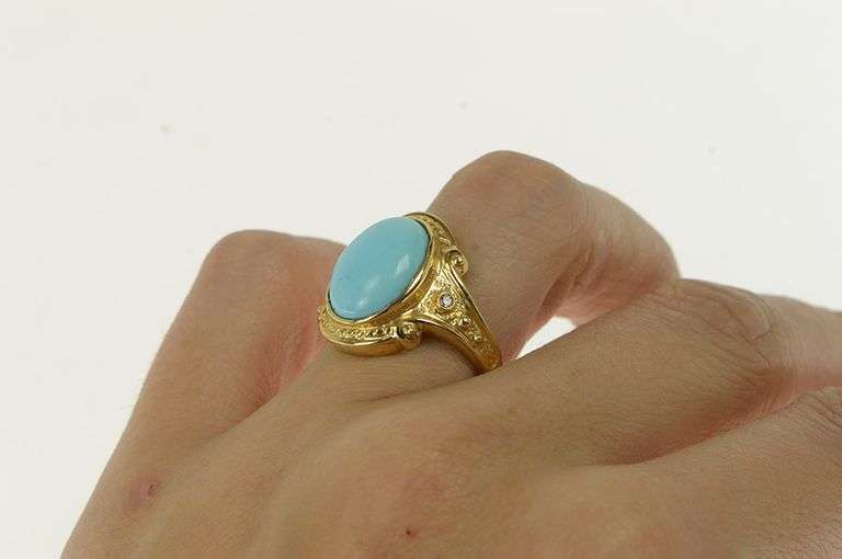 14K Yellow Gold LeVian Turquoise Cabochon Diamond Statement Ring