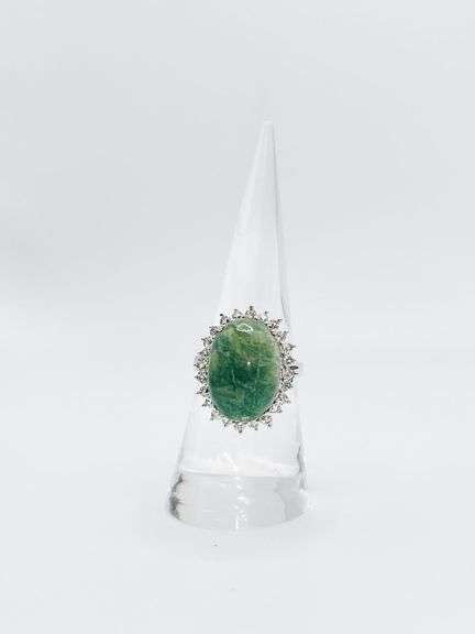 Delightful 11.00CTS Cabochon-Cut Emerald & 1.00CTW White Sapphire Ring in Sterling Silver