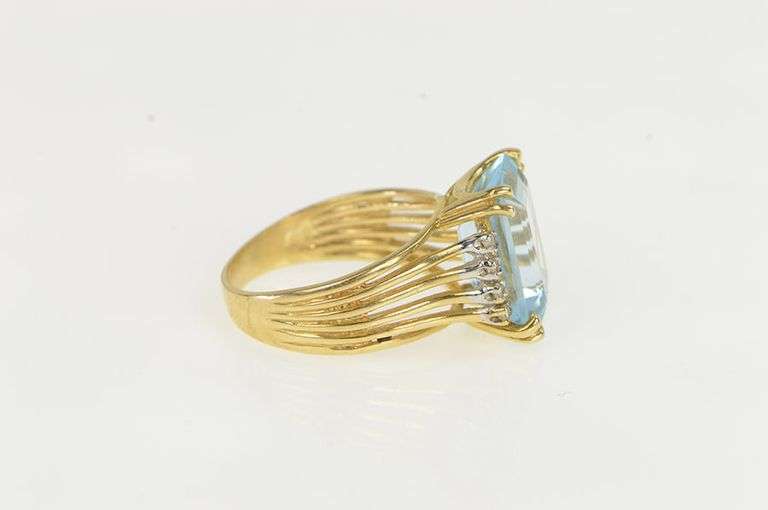 14K Yellow Gold Emerald Cut Blue Topaz Diamond Cocktail Ring
