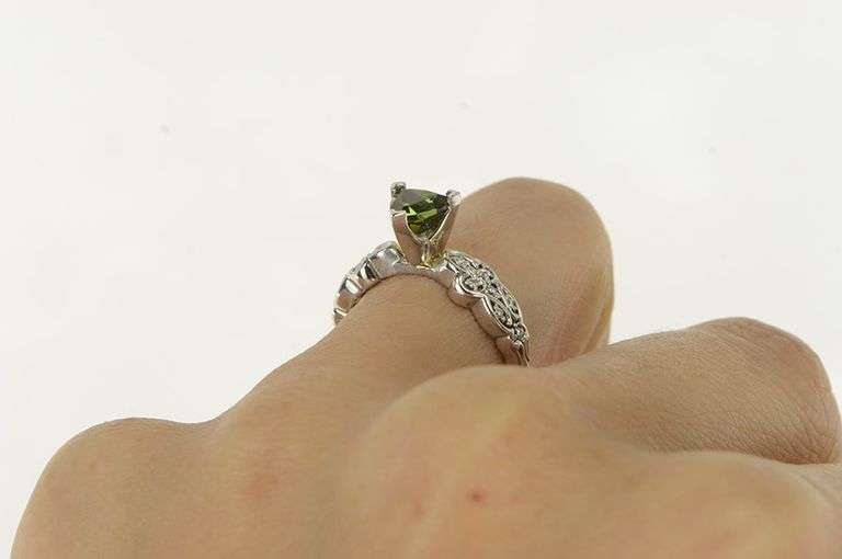 14K White Gold Trillion Green Tourmaline Diamond Engagement Ring