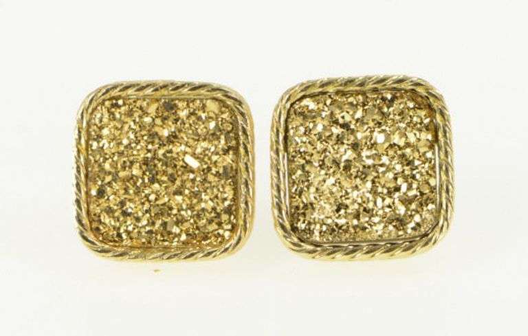 14K Yellow Gold Squared Gold Druzy Agate Geode Stud Earrings