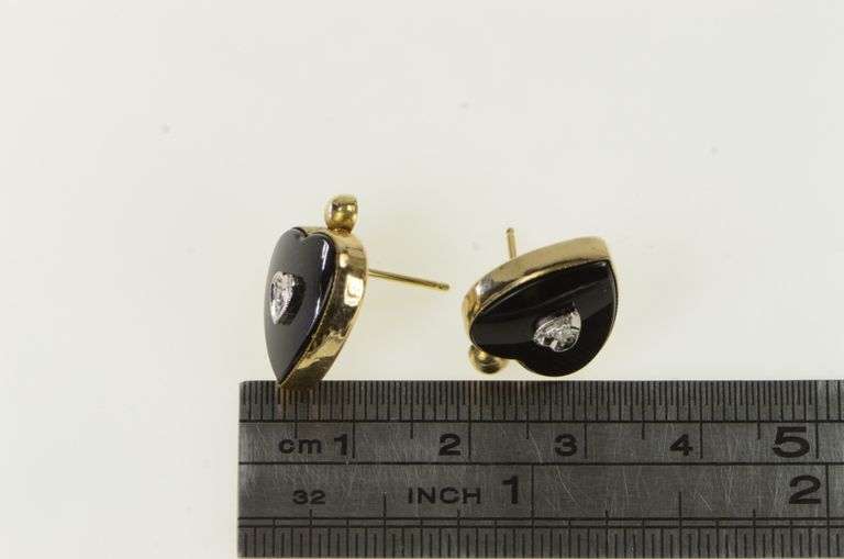 10K Yellow Gold 1940's Black Onyx Diamond Heart Love Stud Earrings