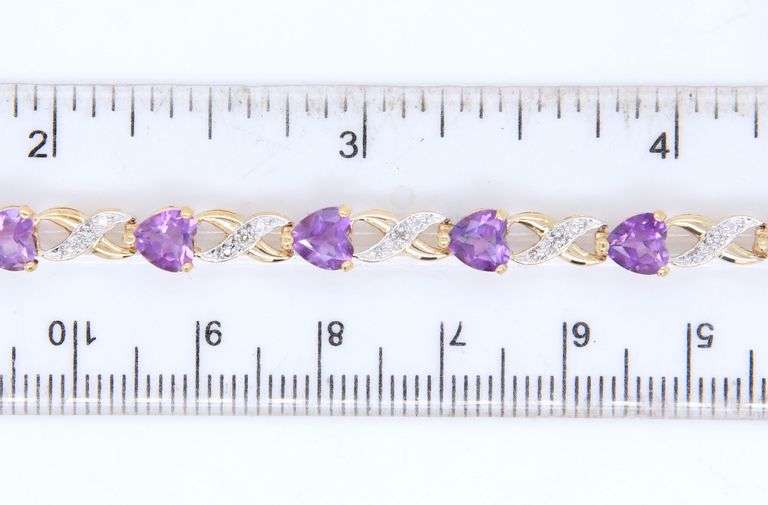 Attractive Yellow Gold Amethyst Heart and Diamond accent Bracelet