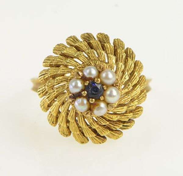 18K Yellow Gold 1960's Seed Pearl Sapphire Swirl Cocktail Ring