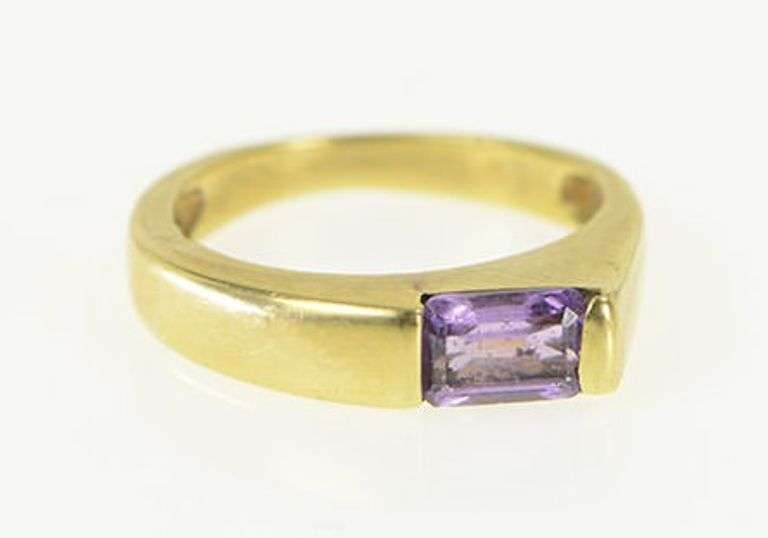 14K Yellow Gold Emerald Cut Amethyst Squared Stackable Band Ring