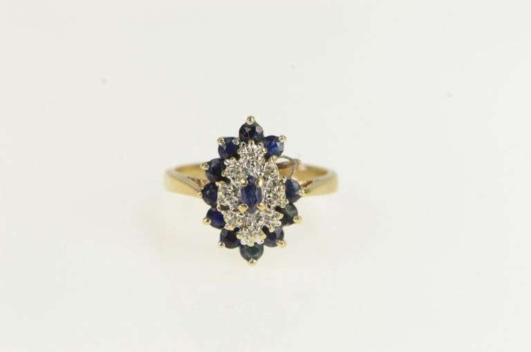 10K Yellow Gold Sapphire Diamond Halo Cluster Marquise Shaped Ring