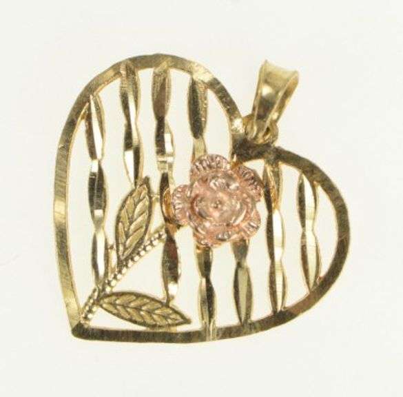 10K Yellow Gold Rose Flower Diamond Cut Striped Heart Charm/Pendant