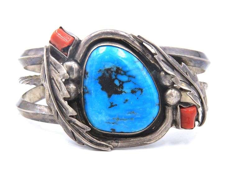 Vintage Native American Sterling Silver Turquoise and Coral Cuff Bangle Bracelet