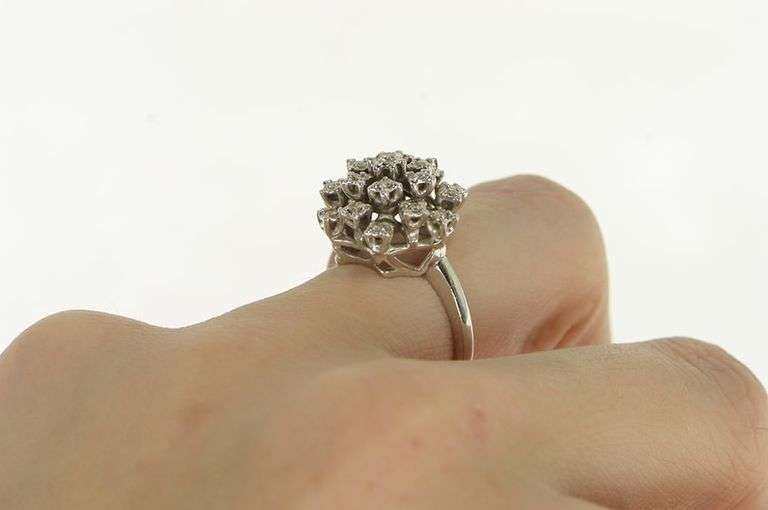14K White Gold Diamond Domed Cocktail Vintage Statement Ring