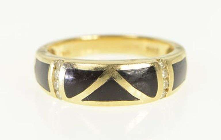 14K Yellow Gold Black Onyx Inlay Diamond Statement Band Ring