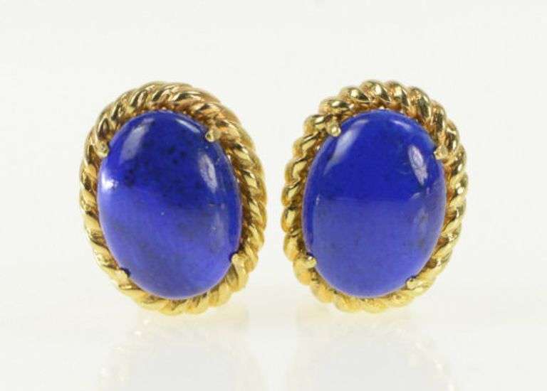 14K Yellow Gold Oval Vintage Lapis Lazuli French Clip Statement Earrings