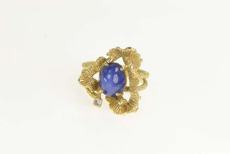 14K Yellow Gold Freeform Organic Syn. Star Sapphire Diamond Ring