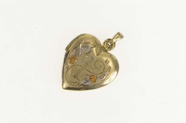 10K Yellow Gold Cross Flower Engraved Heart Photo Locket Pendant