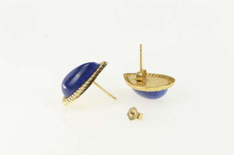 14K Yellow Gold Pear Lapis Lazuli Tear Drop Cabochon Retro Earrings