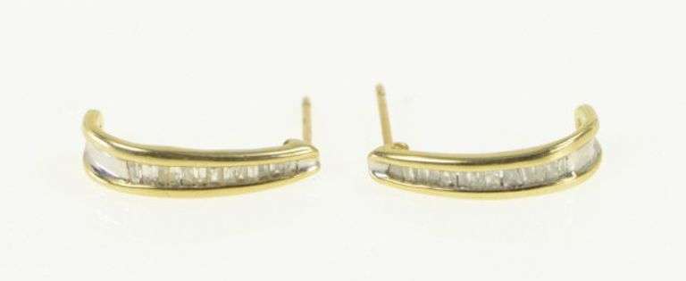 10K Yellow Gold Baguette Diamond Curved Bar Semi Hoop Earrings