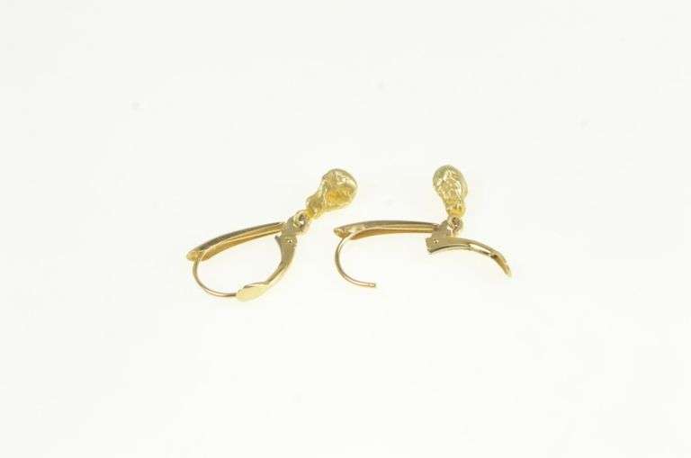 14K Yellow Gold Textured Nugget Dangle Lever Back Earrings