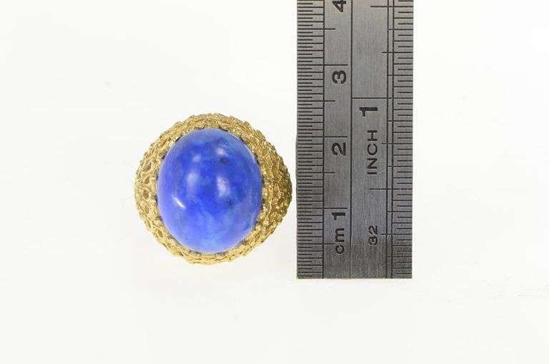 14K Yellow Gold Oval Lapis Lazuli Domed Textured Lattice Ring
