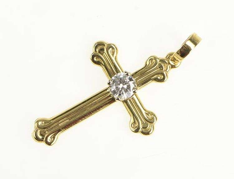 14K Yellow Gold 0.60 Ct Diamond Ornate Cross Christian Pendant