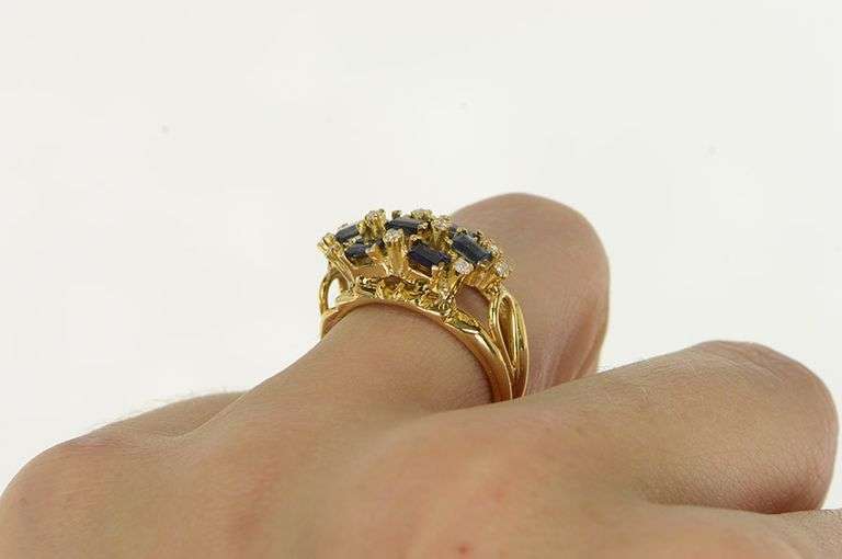 14K Yellow Gold Baguette Sapphire Diamond Lattice Band Ring