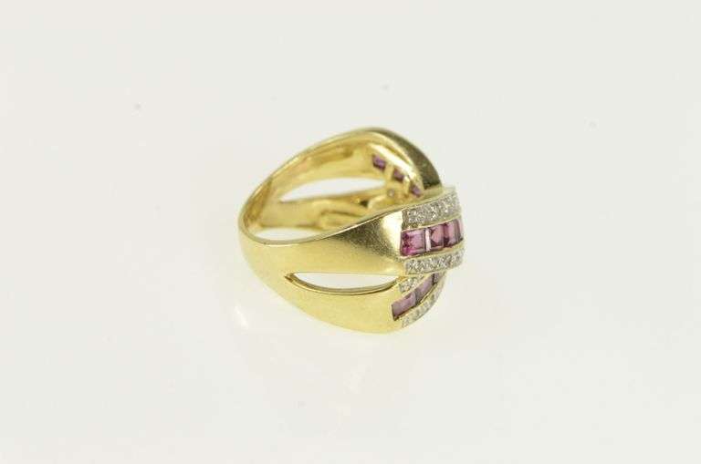 14K Yellow Gold Diamond Pink Tourmaline Criss Cross X Band Ring