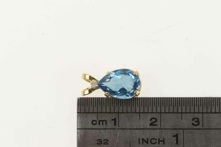 14K Yellow Gold Pear Blue Topaz Diamond Accent Classic Pendant