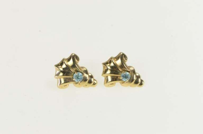 10K Yellow Gold Art Deco Blue Topaz Ornate Scroll Stud Earrings