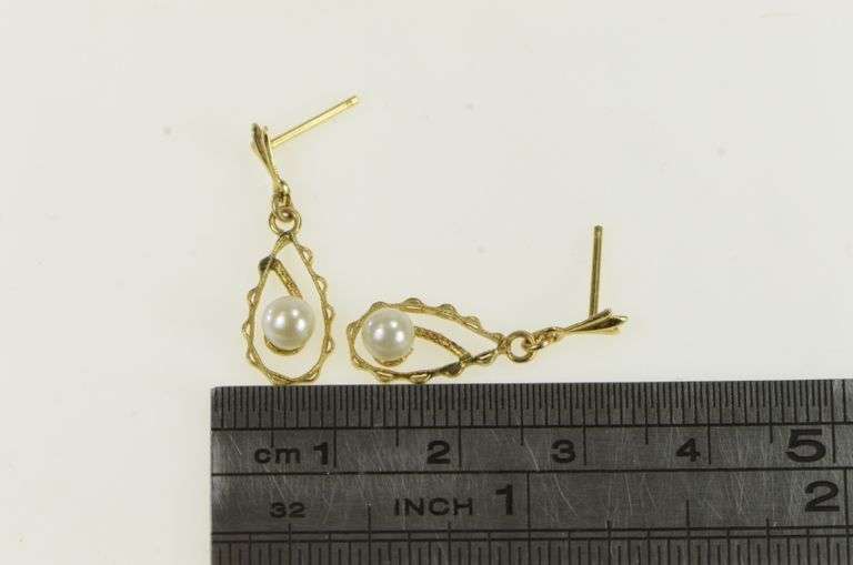 10K Yellow Gold Vintage Pearl Swirl Tear Drop Dangle Earrings