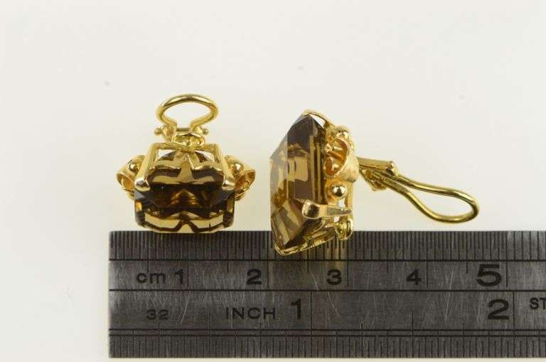 14K Yellow Gold Emerald Cut Smoky Quartz Clip Back Earrings