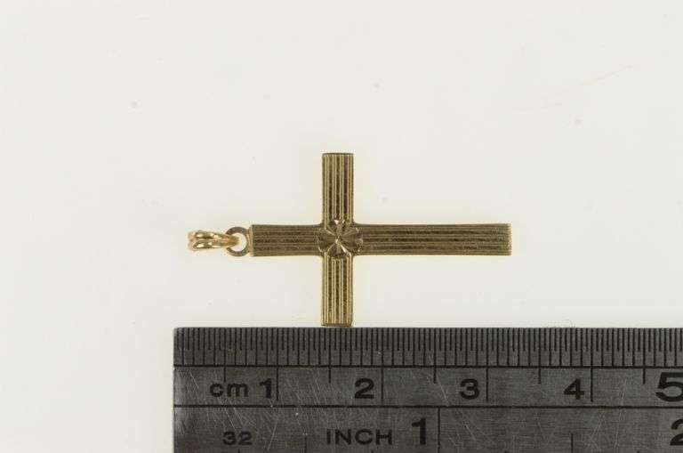 10K Yellow Gold Art Deco Pinstriped Cross Christian Faith Pendant