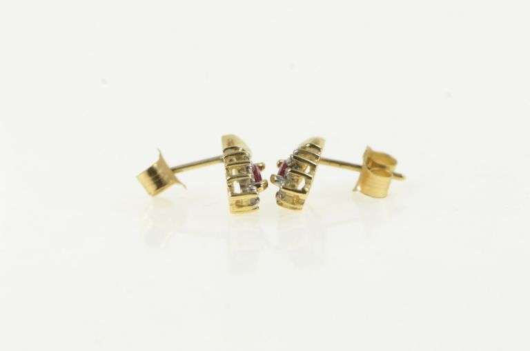 10K Yellow Gold Marquise Ruby Diamond Accent Vintage Earrings