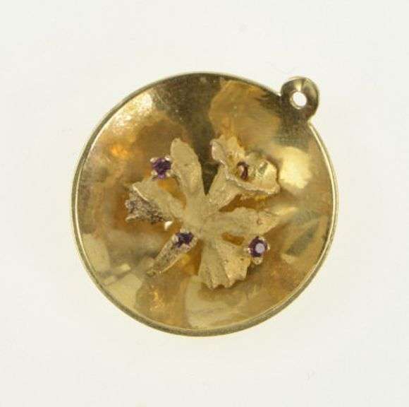 14K Yellow Gold Retro Iris Flower Syn. Ruby Vintage Charm/Pendant