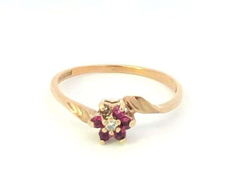 10K Yellow Gold Ruby Flower Diamond Accent Bypass Statement Ring