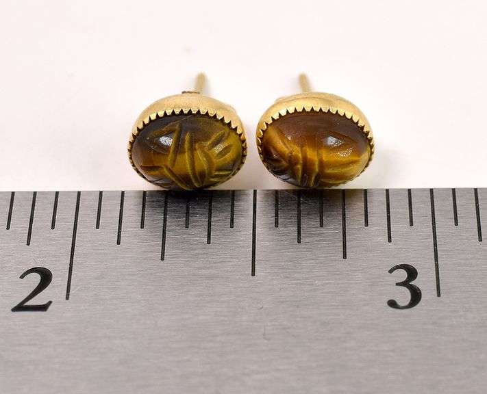 Vintage Tigers Eye Scarab Stud Earrings in 14K Yellow Gold