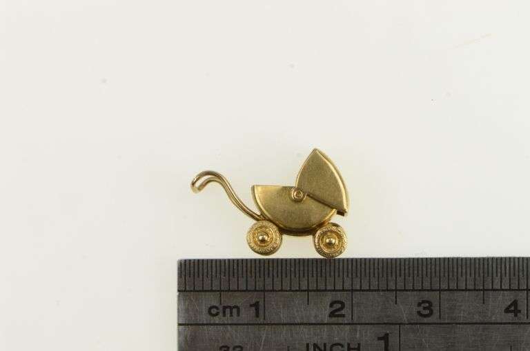 14K Yellow Gold Articulated Baby Carriage Pram Mother Charm/Pendant