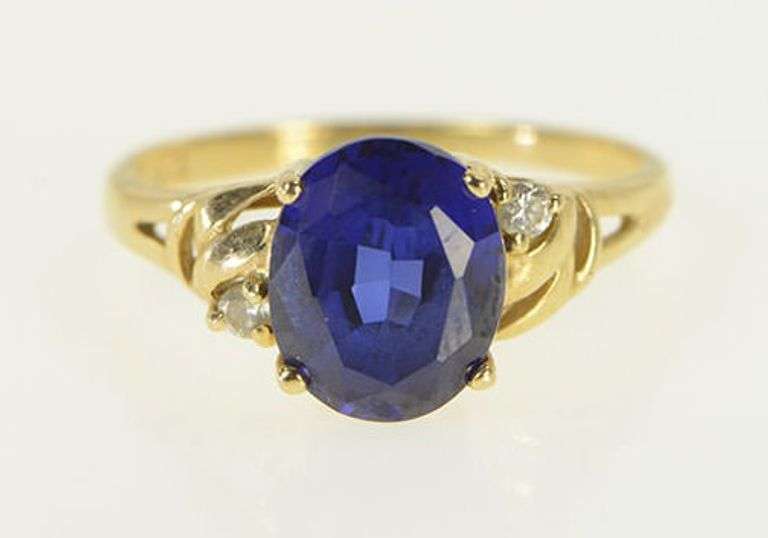 14K Yellow Gold Oval Syn. Sapphire CZ Accent Vintage Ring