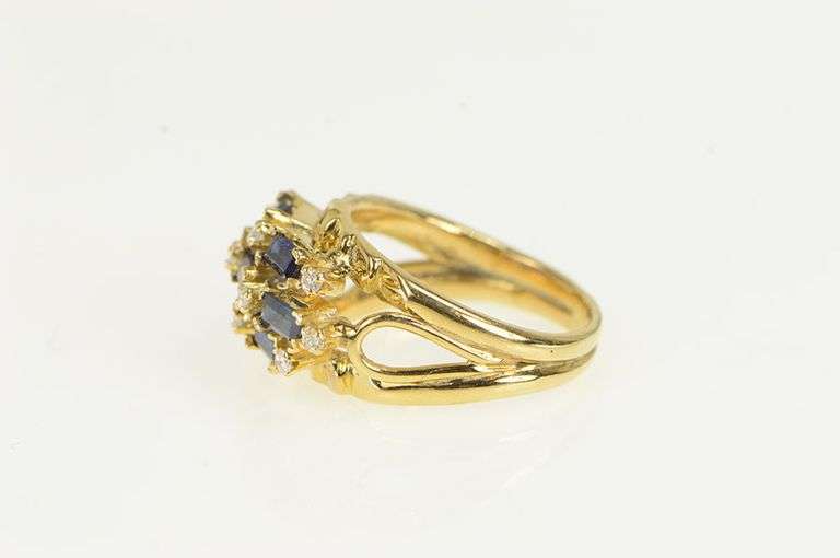 14K Yellow Gold Baguette Sapphire Diamond Lattice Band Ring