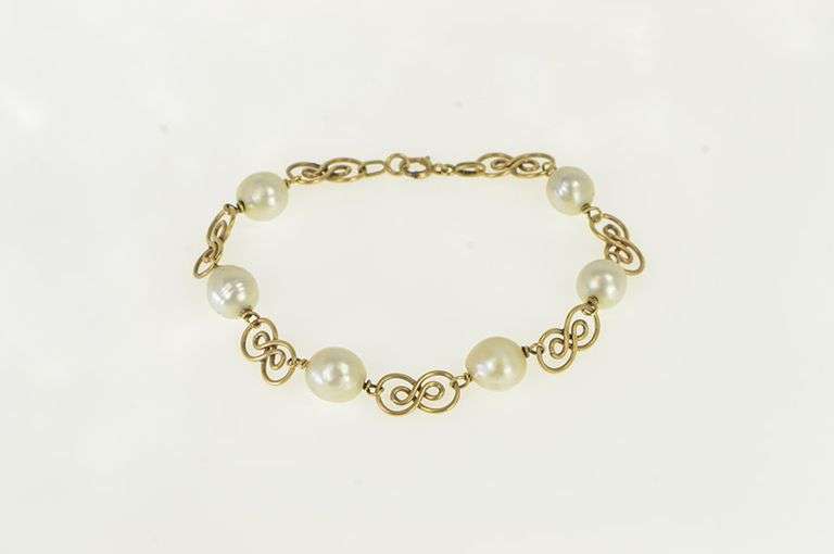 14K Yellow Gold Pearl Vintage Swirl Vintage Statement Bracelet