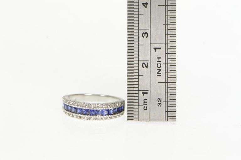 10K White Gold Princess Cut Sapphire Diamond Wedding Band Ring