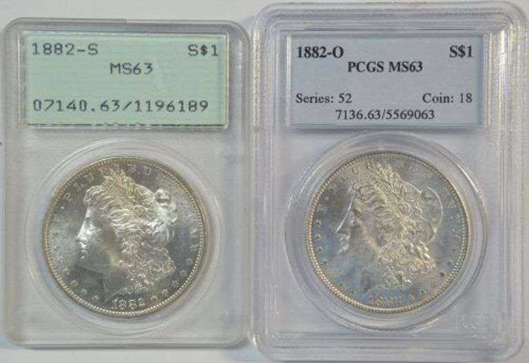 Choice BU 1882-S & 1882-O Morgan Silver Dollars. PCGS MS63